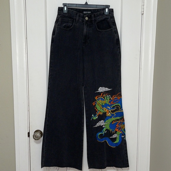 Dolls Kill Denim - NWT Dolls Kill Current Mood Black Dragon Embroidered Wide Leg Jeans Size…